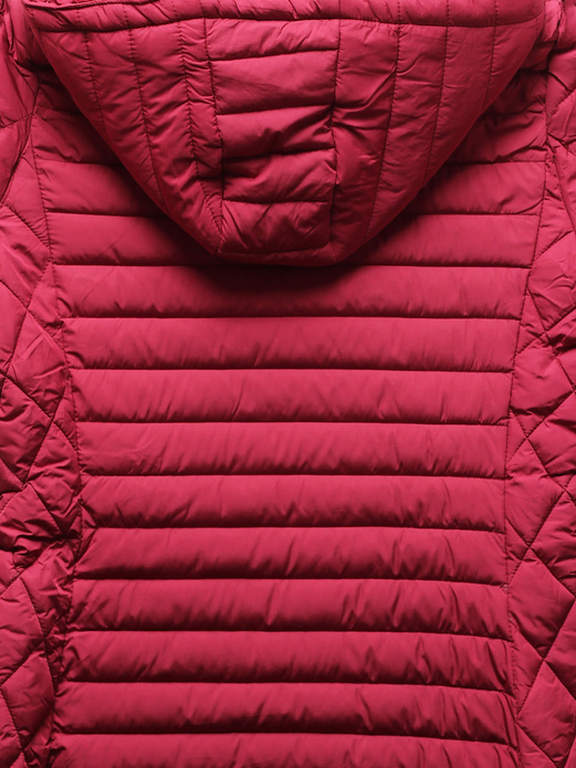 Bordowa przejściowa długa pikowana kurtka płaszczyk z odpinanym kapturem