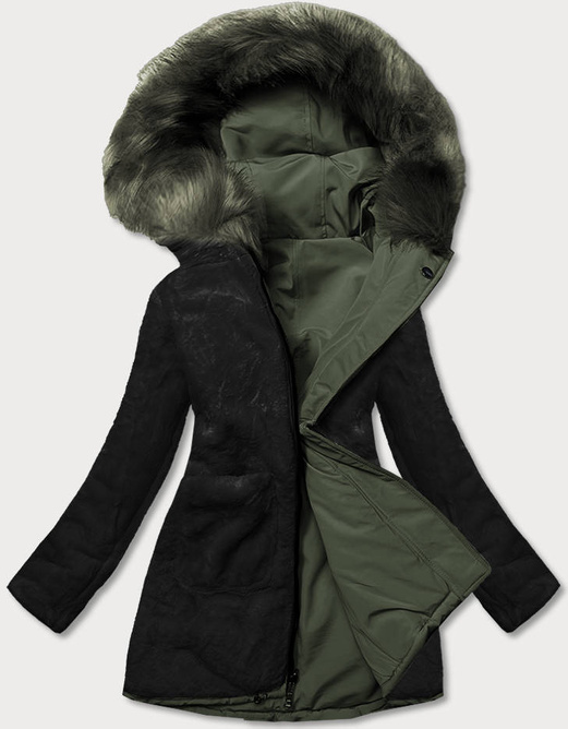 Khaki czarna dwustronna zimowa parka na futrze