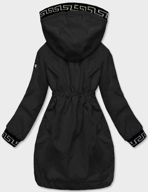 Czarna kurtka płaszcz parka z ozdobnymi lampasami we wzory z kapturem