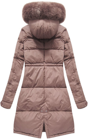 Pudrowa długa ciepła zimowa kurtka damska z kapturem 