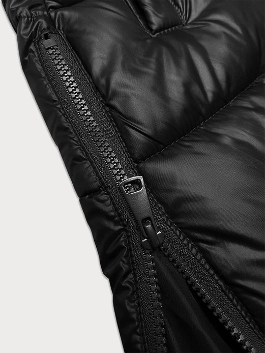 Czarny długi pikowany bezrękawnik kamizelka damska z kapturem