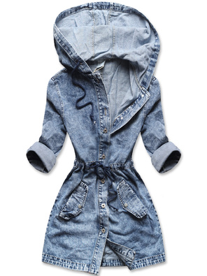 Niebieska kapitalna jeansowa kurtka przejściowa narzutka płaszcz na guziki z kapturem i troczkami