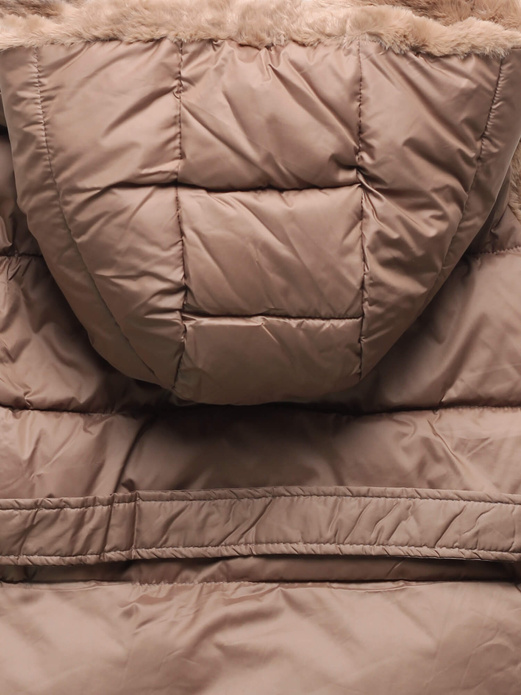 Brązowy dwustronny damski pikowany bezrękawnik z kapturem na futrze