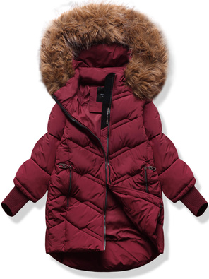 Bordowa trapezowa pikowana zimowa damska kurtka z kapturem