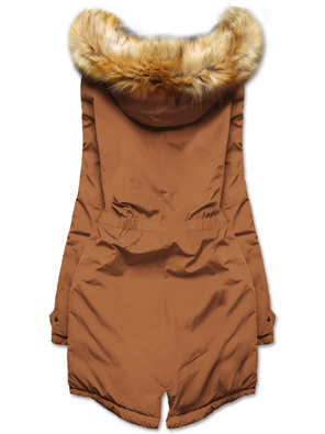 Karmel granat długa dwustronna ciepła kurtka parka z kapturem z odpinanym futerkiem