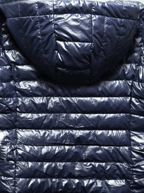 Granatowa błyszcząca pikowana kurtka damska z kapturem