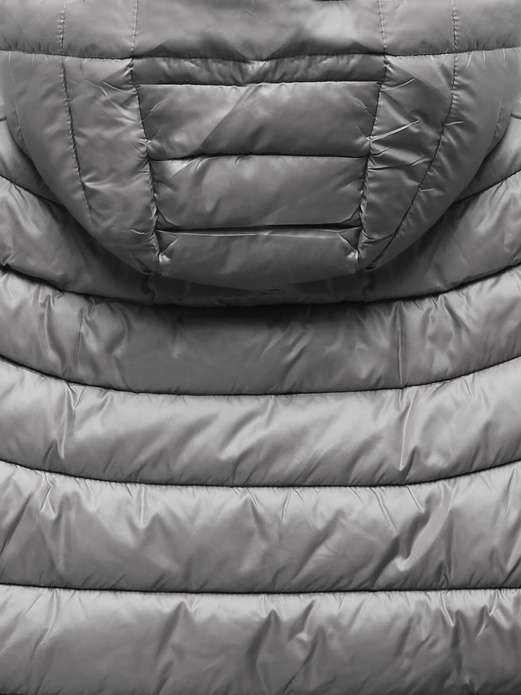 Srebrna zimowa kurtka pikowana z kapturem z długimi ściągaczami zapinana na suwak