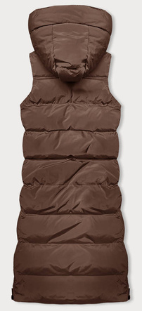 Brązowy puchowy długi bezrękawnik kamizelka z kapturem
