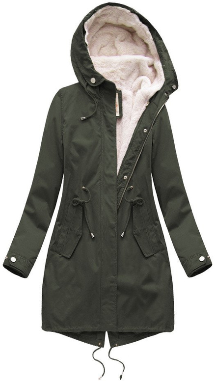 Ciemnozielona zimowa ciepła kurtka parka na futrze