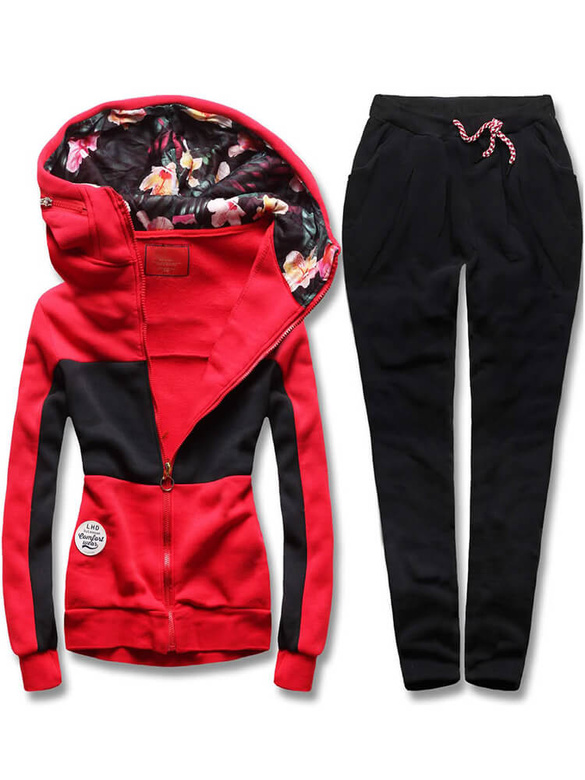 Czerwono czarny kolorowy dres damski z kapturem komplet bluza na suwak + spodnie