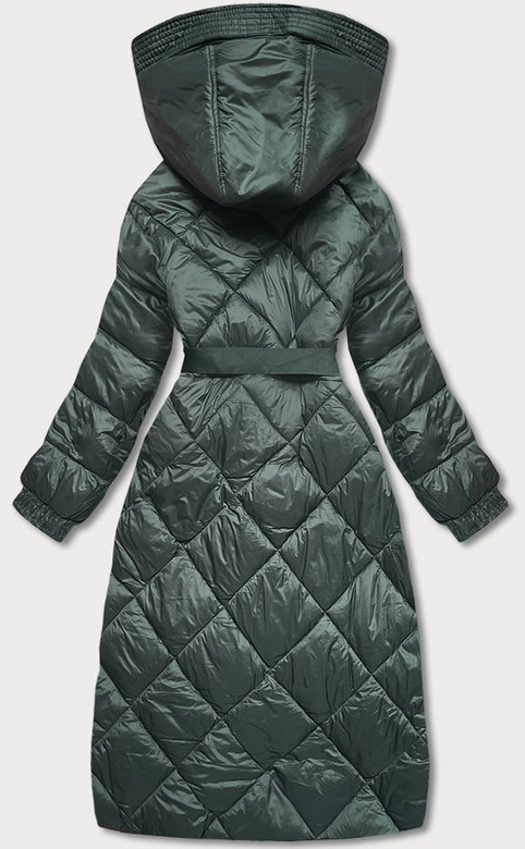 Zielona długa pikowana puchowa kurtka płaszczyk z kapturem