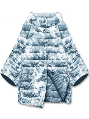Błękitna trapezowa przejściowa kurtka z rękawami 3/4 dwustronna gładka / kwiaty na zatrzaski
