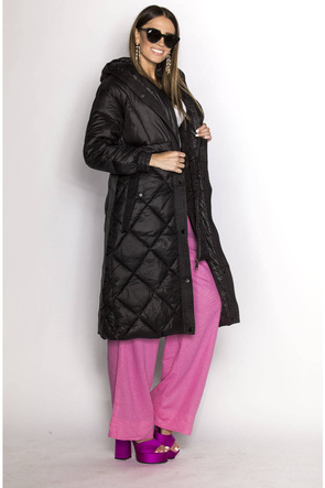 Czarna długa pikowana puchowa kurtka płaszczyk z kapturem