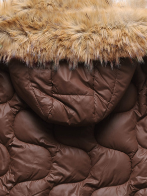 Czekoladowa fenomenalna pikowana zimowa kurtka damska kożuch