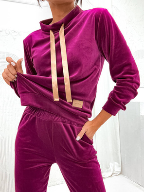 Fuksjowy damski welurowy gładki dres komplet z tasiemką