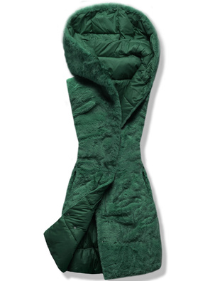 Zielony dwustronny damski pikowany bezrękawnik z kapturem na futrze