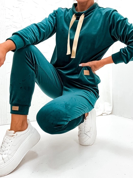 Morski damski welurowy gładki dres komplet z tasiemką