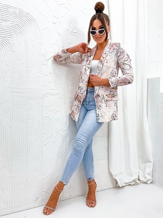 Beżowa damska marynarka żakiet w kwiaty