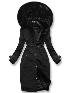 Czarna genialna długa zimowa damska kurtka płaszcz kapturem