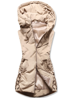 Beżowy pikowany damski bezrękawnik kamizelka z kapturem