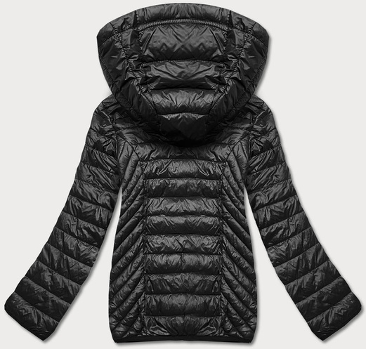 Czarna modna przejściowa pikowana kurtka z kapturem