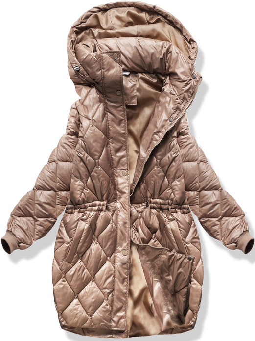 Brązowa oversizowa zimowa damska pikowana w karo kurtka z kapturem