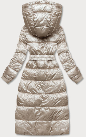 Beżowa zimowa długa kurtka damska płaszczyk z paskiem