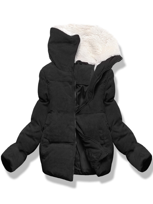 Czarna sztruksowa krótka pikowana zimowa kurtka z kołnierzem na futerku zapinana na suwak