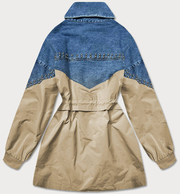 DAMSKA KURTKA JEANS DENIM Z ŁĄCZONYCH MATERIAŁÓW NIEBIESKO-BEŻOWA (PFFS12233)