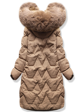 Beżowa damska zimowa kurtka z futrzanym kapturem