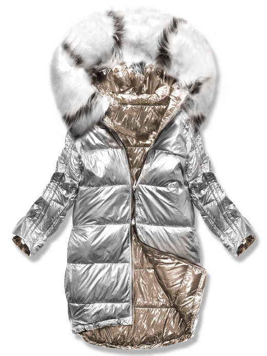 Szaro beżowa błyszcząca kurtka płaszczyk z kapturem