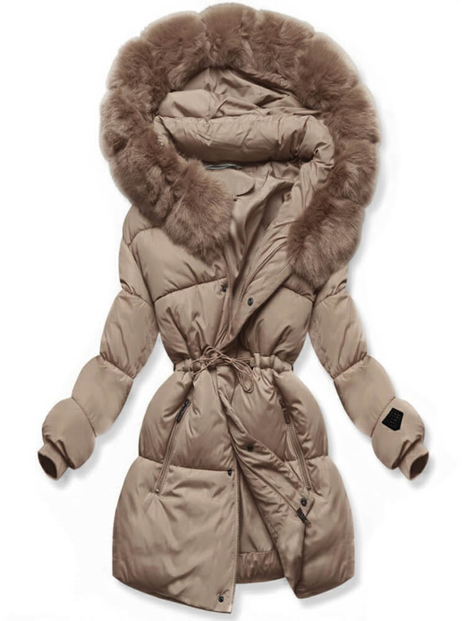 Jasnobrązowa rewelacyjna damska zimowa kurtka z kapturem netmoda 