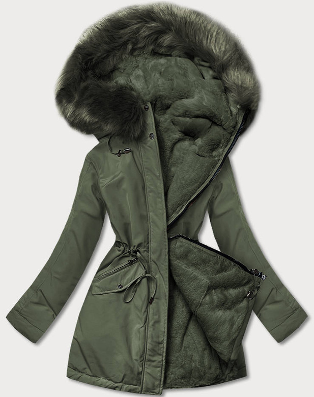 Khaki dwustronna zimowa parka na futrze