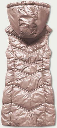 Beżowy stylowy błyszczący pikowany bezrękawnik damski z kapturem