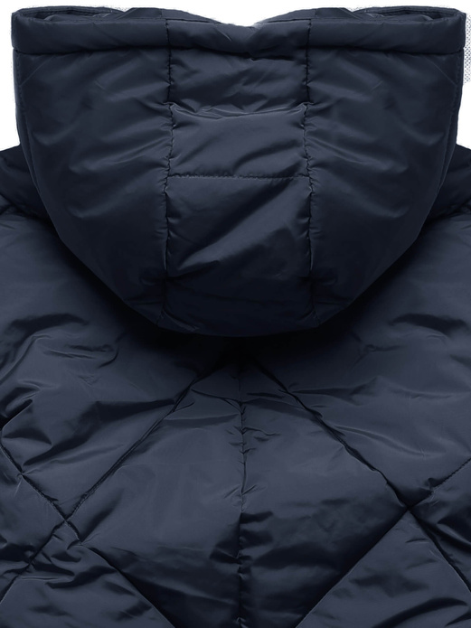 Granatowa długa ocieplana pikowana kurtka płaszczyk z kołnierzem