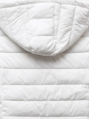 Biała pikowana przejściowa kurtka z kapturem i stójką zapinana na suwak