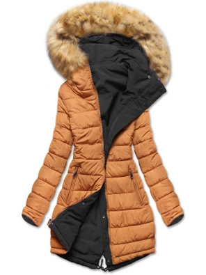 Czarno karmelowa długa dwustronna ciepła kurtka parka z kapturem z odpinanym futerkiem