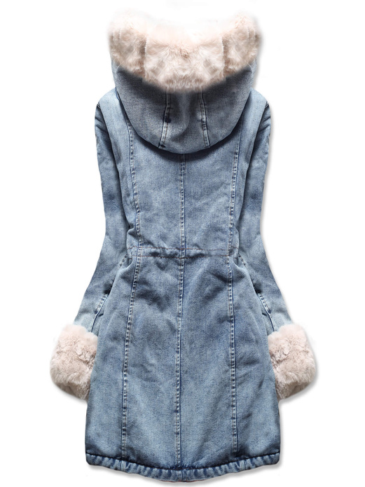 Niebieska ecru jeansowa zimowa kurtka płaszczyk futro