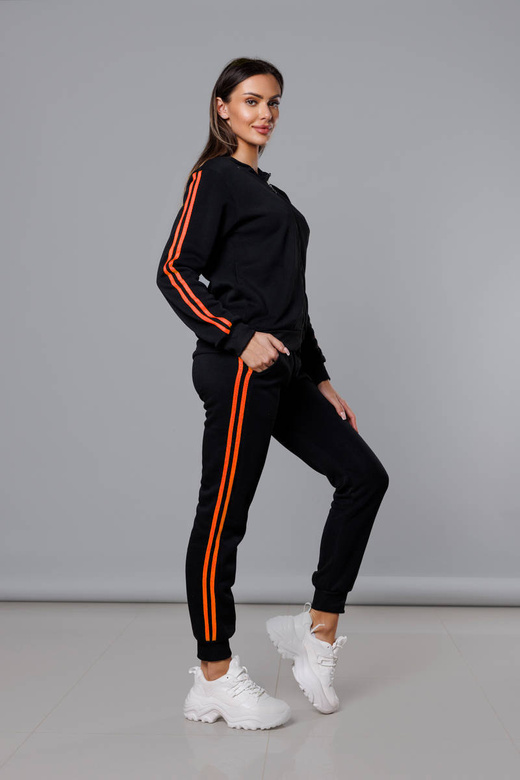 Czarno pomarańczowy dres komplet z kapturem z lampasami
