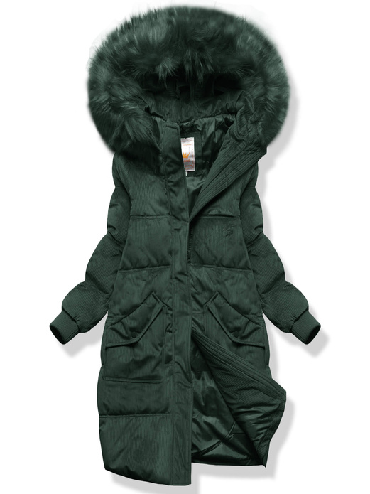 Zielona sztruksowa długa zimowa kurtka z kapturem