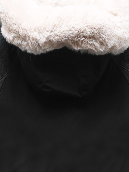 Czarno beżowa damska zimowa kurtka parka z łączonymi materiałami