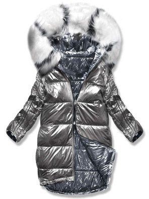 Grafitowo szara błyszcząca kurtka płaszczyk z kapturem