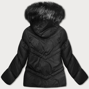 Czarna krótka zimowa damska kurtka z kapturem i futerkiem