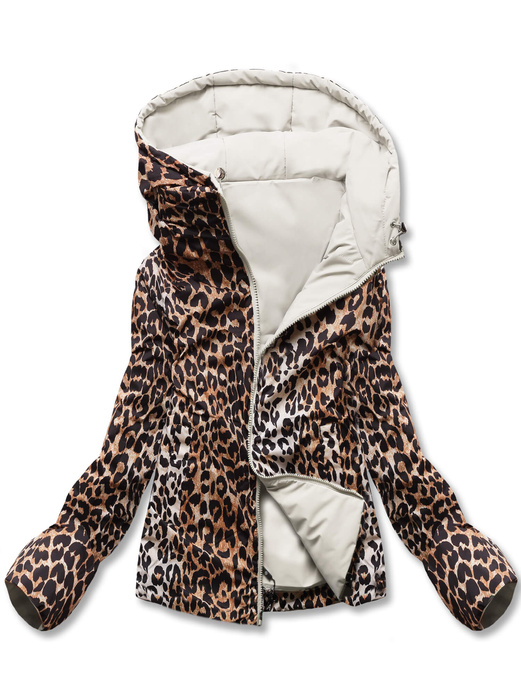 Beżowa damska przejściowa kurtka panterka z kapturem