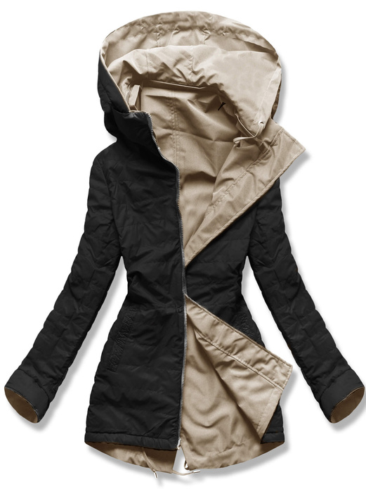 Jasnobeżowo czarna damska przejściowa kurtka parka