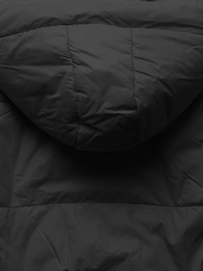 Czarna  pikowana przejściowa kurtka z kapturem ściągana na dole gumką 