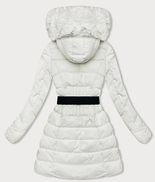Ecru puchowa pikowana kurtka z kapturem i paskiem