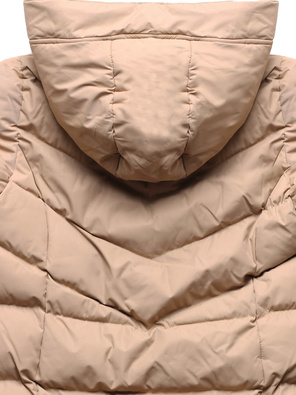 Ciemnobeżowa długa puchowa kurtka z kapturem