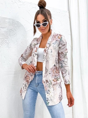 Beżowa damska marynarka żakiet w kwiaty