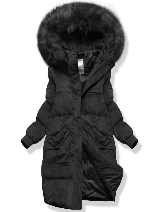 Czarna sztruksowa długa zimowa kurtka z kapturem